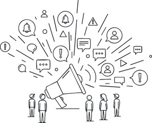 A megaphone surrounded by speech bubbles and notification icons in a clean linear vector style, ideal for communication and marketing projects