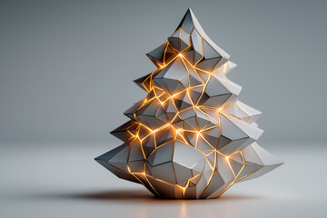 Obraz premium Sapin de Noël abstrait et conceptuel, composé de formes géométriques éclairées par des lumières LED dorées. Décoration de fête minimaliste, design moderne et élégant sur fond gris uni