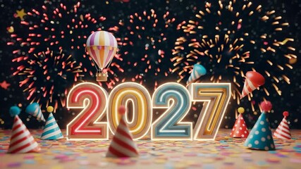 Bright 2027 numbers with festive fireworks and party celebration - Powered by Adobe