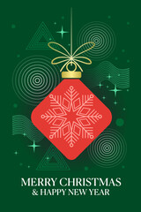 Obraz premium Merry Christmas and Happy New Year greeting card vector eps. Luxury invitation with Christmas light ball, sparkle, spot texture on green background. Design illustration for season's card, ads