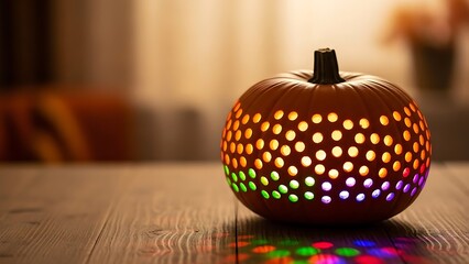 Festive colorful illuminated pumpkin decoration for fall or Halloween holidays