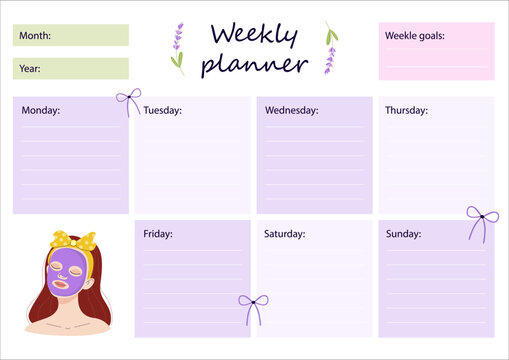 Weekly planner with structured layout for all weekdays, goals. Vector design for productivity, digital planners, printable schedules, work planning, student organization, routine tracking.