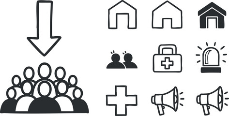 A community group icon with health and emergency symbols in black and white outline vector style, suitable for public service announcements