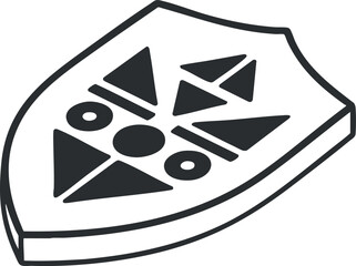 A shield with geometric patterns in black and white outline vector style, suitable for gaming and fantasy themes