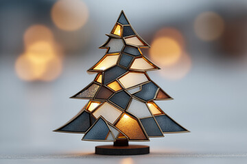 Sapin de Noël abstrait et conceptuel, composé de formes géométriques éclairées par des lumières LED dorées. Décoration de fête minimaliste, design moderne et élégant sur fond gris uni