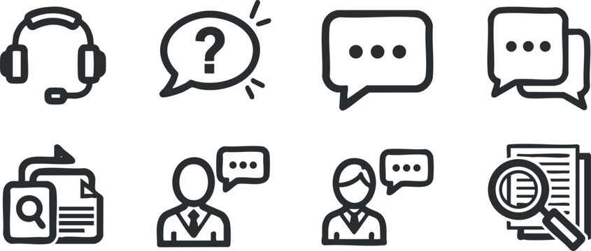 A set of customer service and communication icons in black and white outline style, ideal for business and technology projects