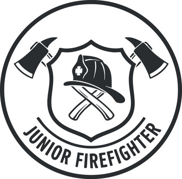 A junior firefighter badge featuring a helmet and crossed axes in clean black and white vector style, ideal for youth fire programs and safety education
