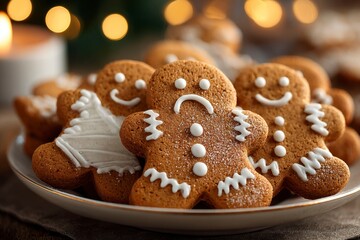 a plate of gingerbread cookies, decorated with white icing. small lines on the faces give them a smiling expression.blur bokeh light background