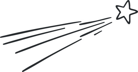 A shooting star with a trailing comet tail in outline minimalist vector style, perfect for magical and whimsical designs