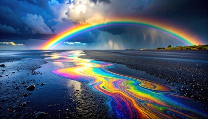 Vibrant Rainbow Arc Reflects in Oil Slick on Wet Asphalt Road Under Dramatic Stormy Skies