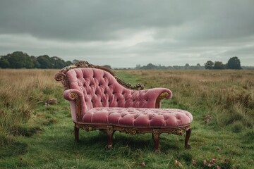 a pink velvet chaise lounge in the middle of field