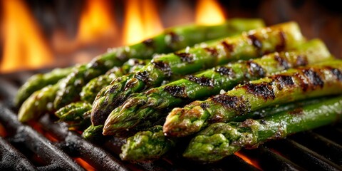 barbecue grill with asparagus, background of flames