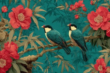 a seamless pattern of birds sitting on bamboo branches, with a teal background featuring flowers and leaves