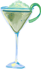 Hand-Drawn Watercolor Classic Green Gimlet Martini Cocktail