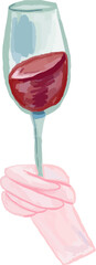 Watercolor Hand Holding Full Glass of Red Wine Drink