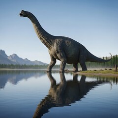Obraz premium Majestic Brachiosaurus Standing in Calm Lake with Reflection.