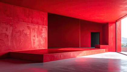 Vibrant red abstract architectural interior with geometric steps and a dark doorway bathed in natural light casting dramatic shadows creating a modern minimalist aesthetic