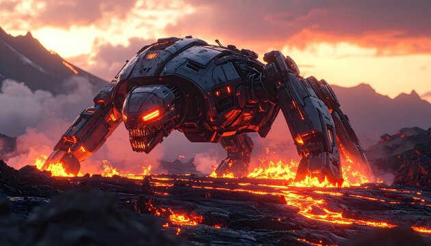Voxel Art Mech Creature Crawling Through Molten Lava Landscape Under Dramatic Sunset Sky With Glowing Eyes And Fiery Body