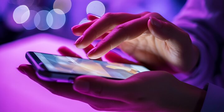 Woman using modern smartphone with colorful neon lights in background - Powered by Adobe