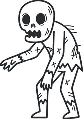 A cartoon zombie skeleton character with exaggerated features in black and white outline style, perfect for Halloween-themed projects