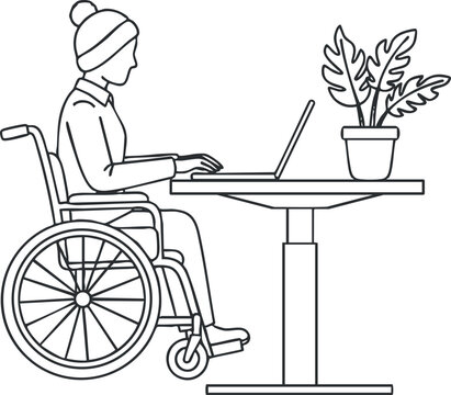 A woman in a wheelchair working on a laptop at a desk with a plant in minimalist outline vector style, suitable for accessibility and inclusion themes