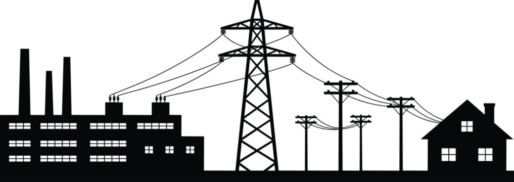 Industrial factory power lines and house silhouette on white background Keywords: factory, industry, power lines, electricity