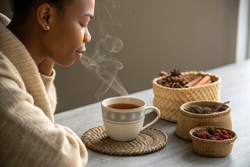 Woman enjoying a warm cup of herbal tea indoors