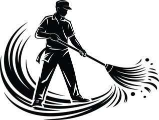 Fototapeta premium Janitor with broom and dust particles logo on white background Keywords: janitor, cleaner, sweeping, broom, dust, particles