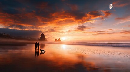 Fototapeta premium A couple and their dog stand on a beach, silhouetted against a vibrant sunset with a dramatic sky and the moon visible. The scene evokes a sense of peace and ro
