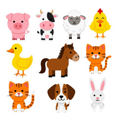 Cute cartoon farm animals and pets, vector illustration set for kids