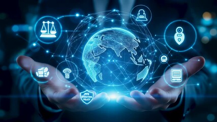 businessman hand pointing hologram cyber law globe icon regulation policy security document shield network digital compliance protection data technology concept - Powered by Adobe