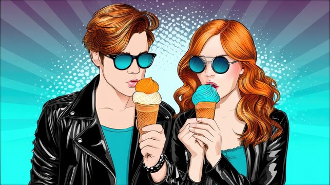 A stylized illustration of a man and woman enjoying ice cream, in a vibrant pop art style. They are wearing sunglasses and leather jackets.