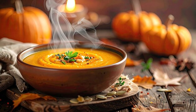 Warm Autumn Pumpkin Soup in a Rustic Bowl with Steaming Herbs and Spices Surrounded by Pumpkins and Fall Leaves on a Wooden Table - Powered by Adobe
