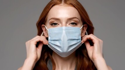 Redhead adjusts light-blue surgical mask on gray background