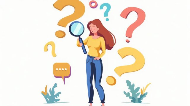 Video A woman holds a magnifying glass with question marks, searching for answers or clues
