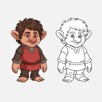 Friendly cartoon troll character in color and outline form smiling.