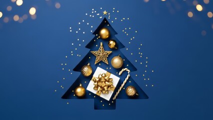 Christmas tree shape with golden ornaments gift box and candy cane on a blue background flat lay