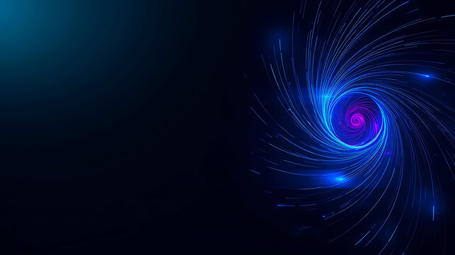 Abstract blue and purple energy vortex with streaming light trails and dark background