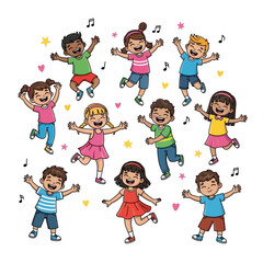 Happy diverse kids jumping, dancing, having fun, full of energy