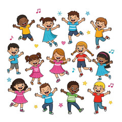 Joyful diverse cartoon kids jumping, laughing, and playing together
