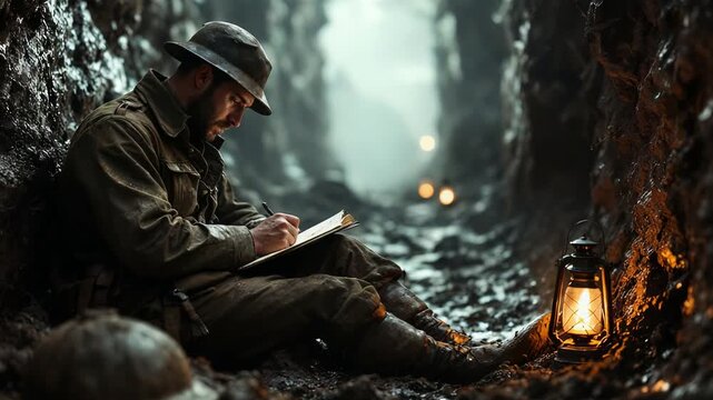 Soldier composing notes amid trench walls and glowing lantern light