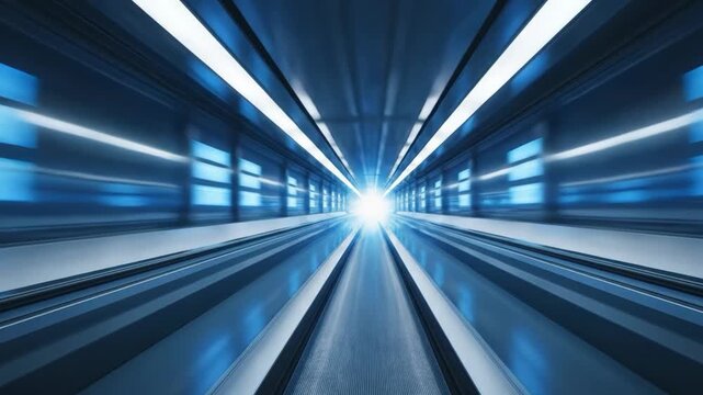 Futuristic blue light speed tunnel with motion blur and vanishing point