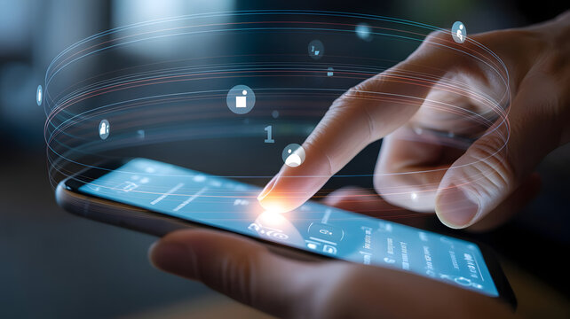 Hand touching smartphone screen, global network data
