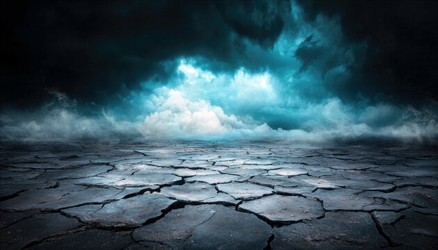 A cracked earth landscape under a dramatic, stormy sky with ominous clouds and a sense of foreboding.