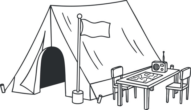 A camping tent with a table and chairs in outline style, suitable for outdoor adventure themes and exploration projects