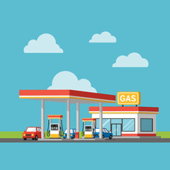 Gas station with cars, fuel pumps, and a store building graphic