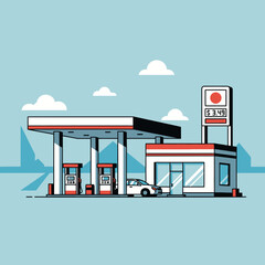 Contemporary gas station with car and fuel price sign vector