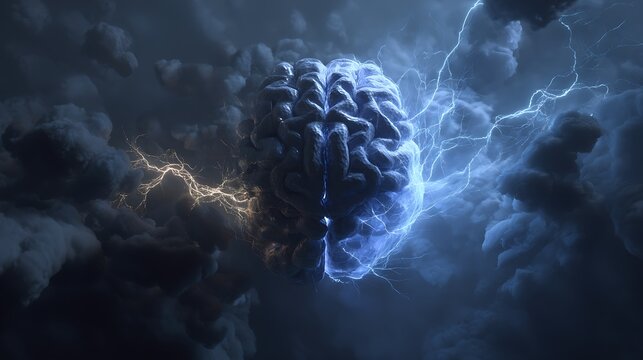abstract brain with dark fog and glowing strands, inside two opposing forces swirling, mental conflict art, dramatic cinematic realism, v7 