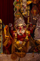 Subho mahalaya, An idol of hindu god Ganesh decorated in Pandal. Durga Puja is biggest religious festival of Hinduism and for bengalis and is now celebrated.