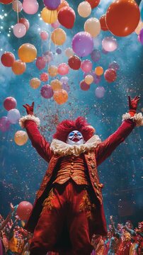 selective focus juggling clown in festive lights